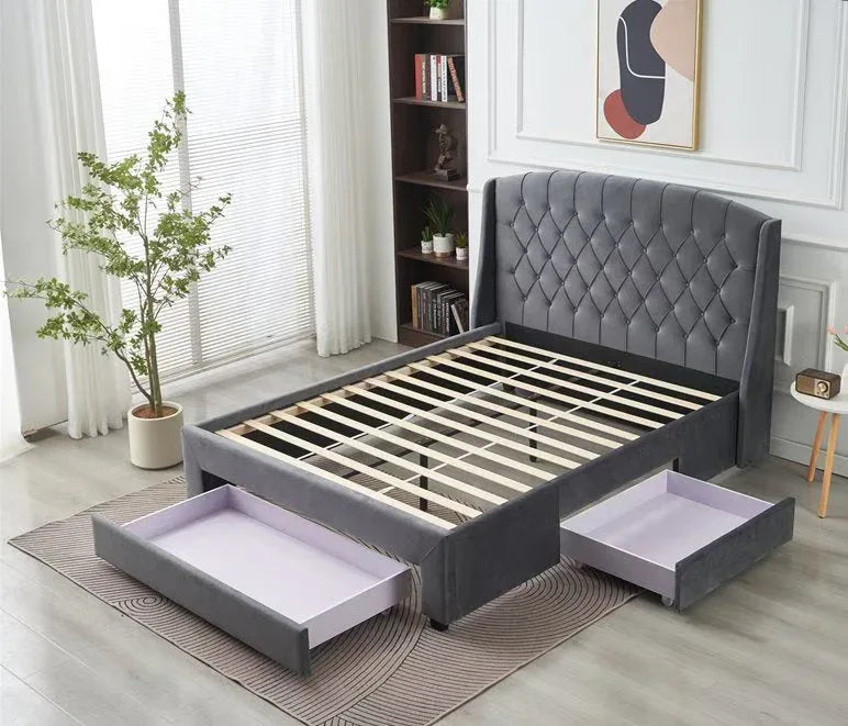 Paris Tall Tufted Velvet Dark Grey Bed with Storage Drawer - King
