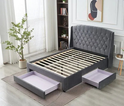Paris Tall Tufted Velvet Dark Grey Bed with Storage Drawer - King