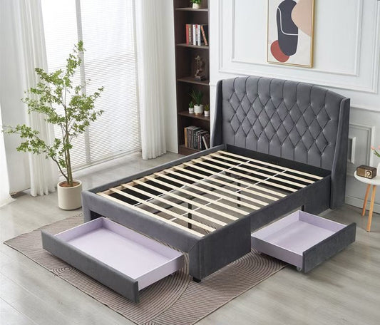 Paris Tall Tufted Velvet Dark Grey Bed with Storage Drawer - King