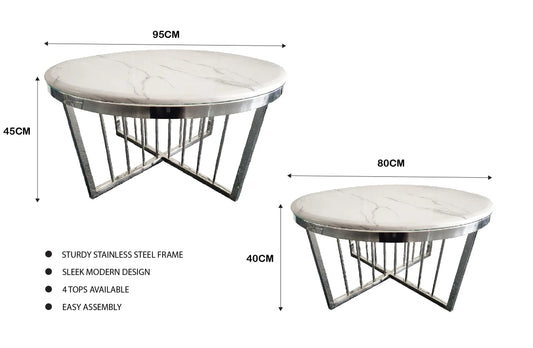 Salina Coffee Table 80cm Silver Base - White Marble - Mekamart Australia