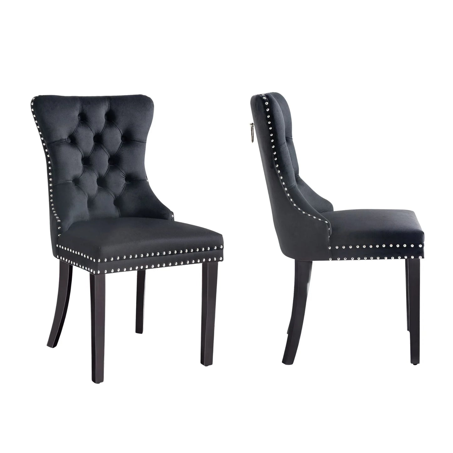 Set of 2 - Alsea Black Velvet & Black Rubberwood Dining Chairs Upholstered Tufted Stud Trim and Ring - Mekamart Australia