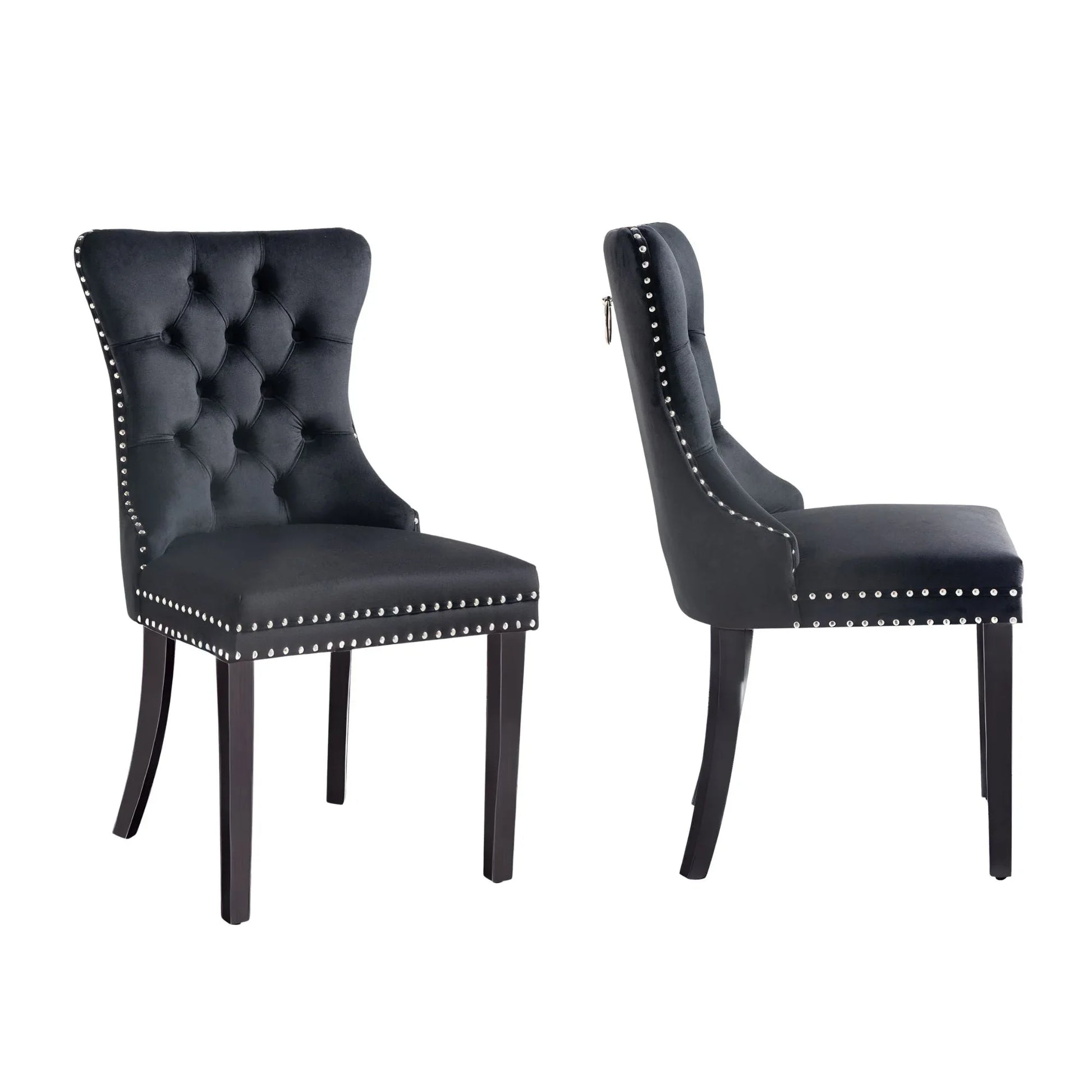 Set of 2 - Alsea Black Velvet & Black Rubberwood Dining Chairs Upholstered Tufted Stud Trim and Ring - Mekamart Australia