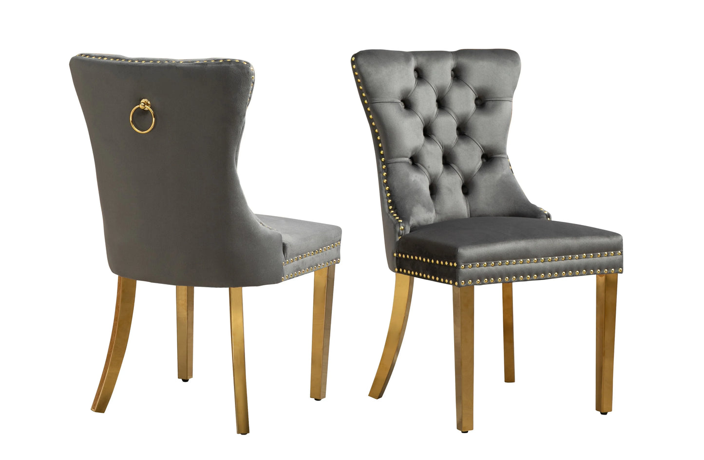 Set of 2 -Alsea Dark Grey Velvet & Gold Polished Steel Dining Chairs Upholstered Tufted Stud Trim and Ring - Mekamart Australia