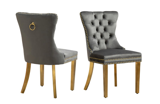 Set of 2 -Alsea Dark Grey Velvet & Gold Polished Steel Dining Chairs Upholstered Tufted Stud Trim and Ring - Mekamart Australia