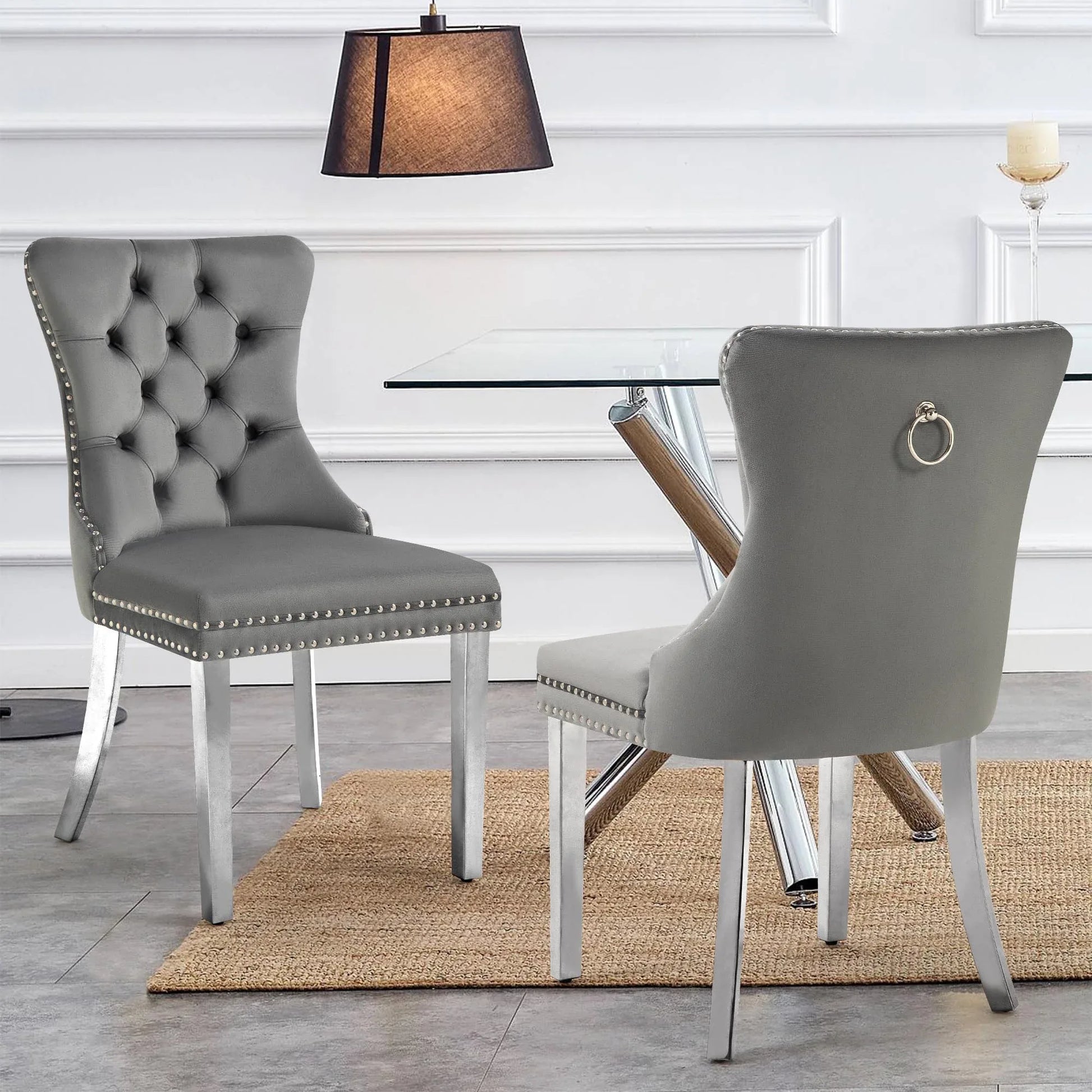 Set of 2 -Alsea Dark Grey Velvet & Silver Steel Dining Chairs Upholstered Tufted Stud Trim and Ring - Mekamart Australia