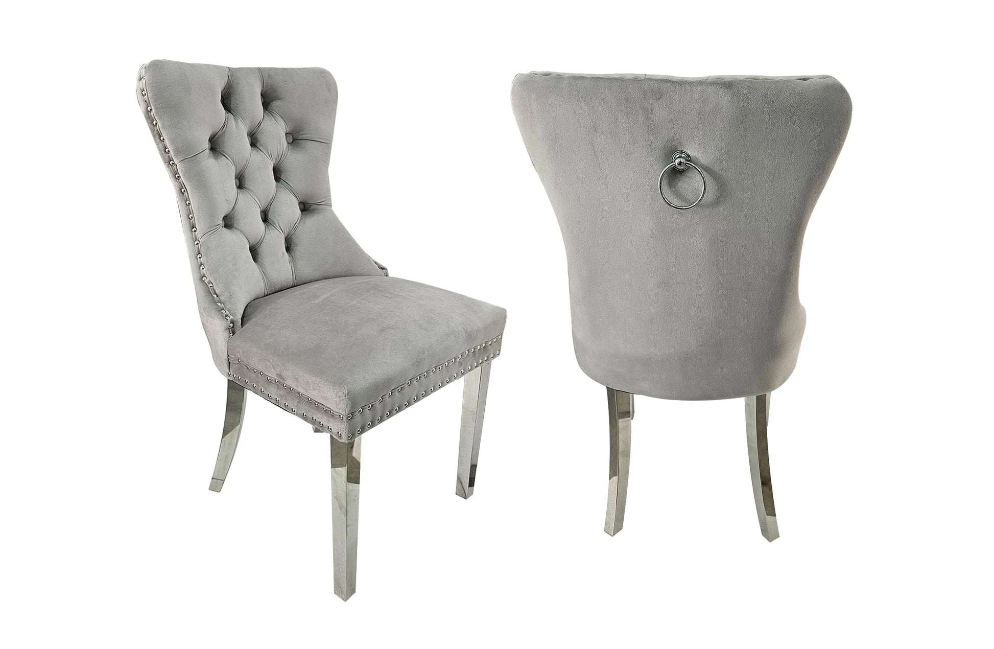 Set of 2 -Alsea Light Grey Velvet & Silver Polished Steel Dining Chairs Upholstered Tufted Stud Trim and Ring - Mekamart Australia