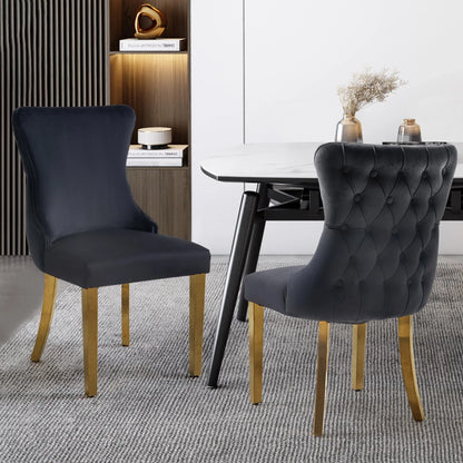 Paris Black Velvet & Gold Polished Steel Upholstered Dining Chairs Tufted Back - Set of 2 - Mekamart Australia