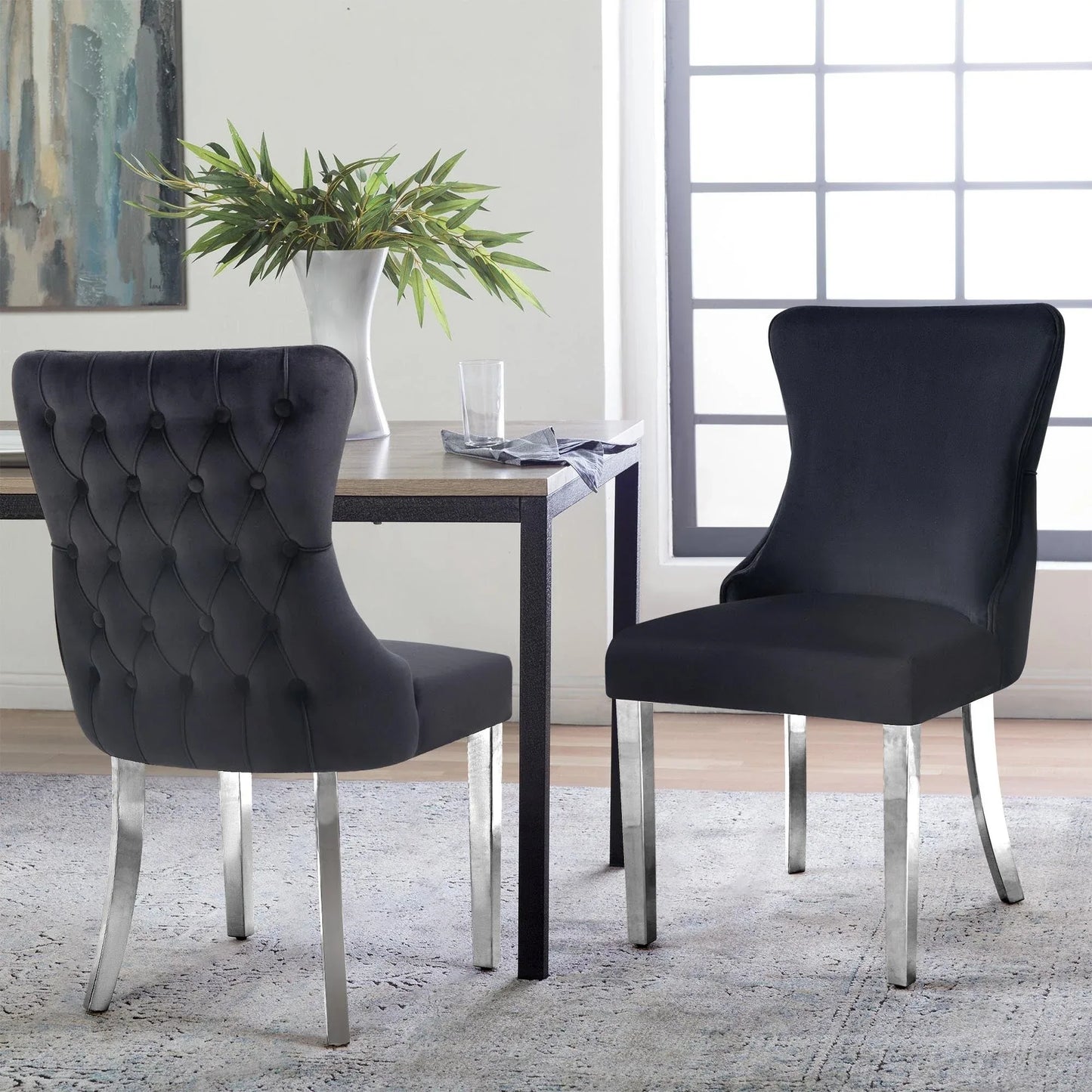 Paris Black Velvet & Silver Polished Steel Upholstered Dining Chairs Tufted Back - Set of 2 - Mekamart Australia
