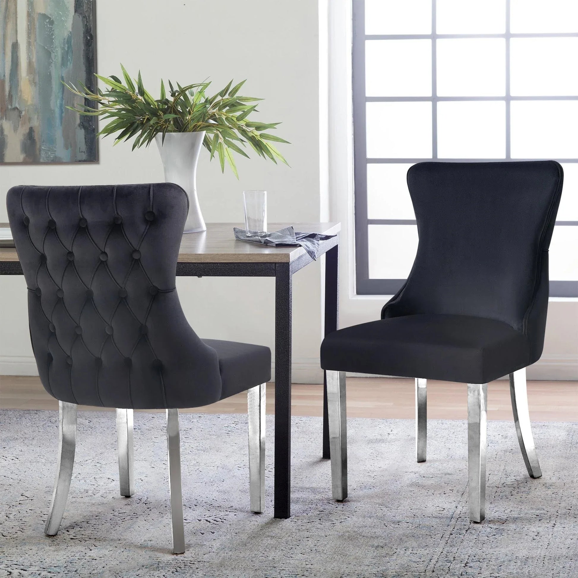 Paris Black Velvet & Silver Polished Steel Upholstered Dining Chairs Tufted Back - Set of 2 - Mekamart Australia