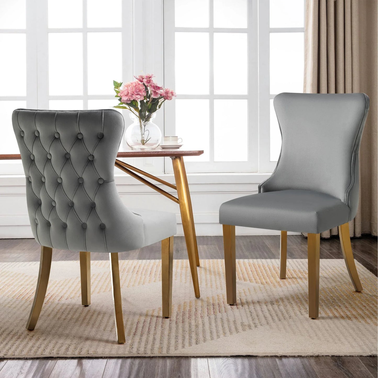 Paris Dark Grey Velvet & Gold Polished Steel Upholstered Dining Chairs Tufted Back - Set of 2 - Mekamart Australia