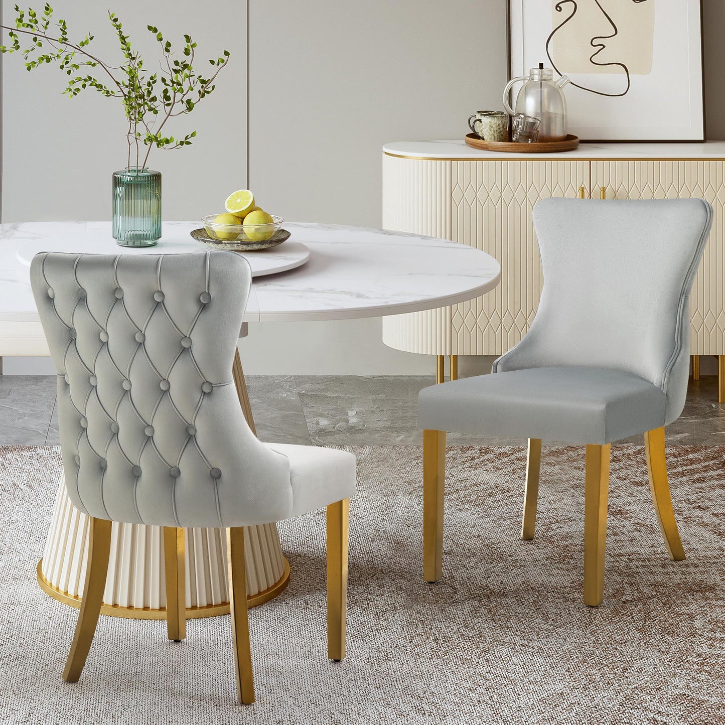 Set of 2 - Paris Light Grey Velvet & Gold Polished Steel Upholstered Dining Chairs Tufted Back - Mekamart Australia