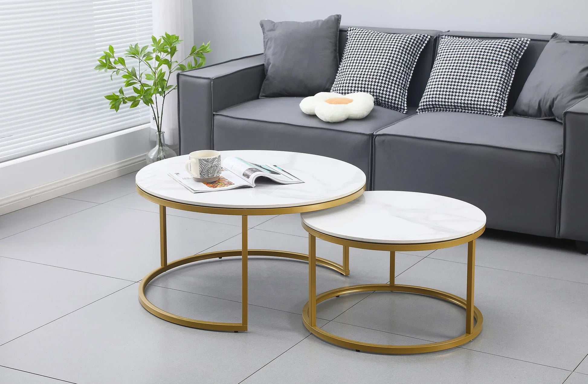 Nesting Style Coffee Table - White on Champagne Gold - 80cm/60cm - Mekamart Australia