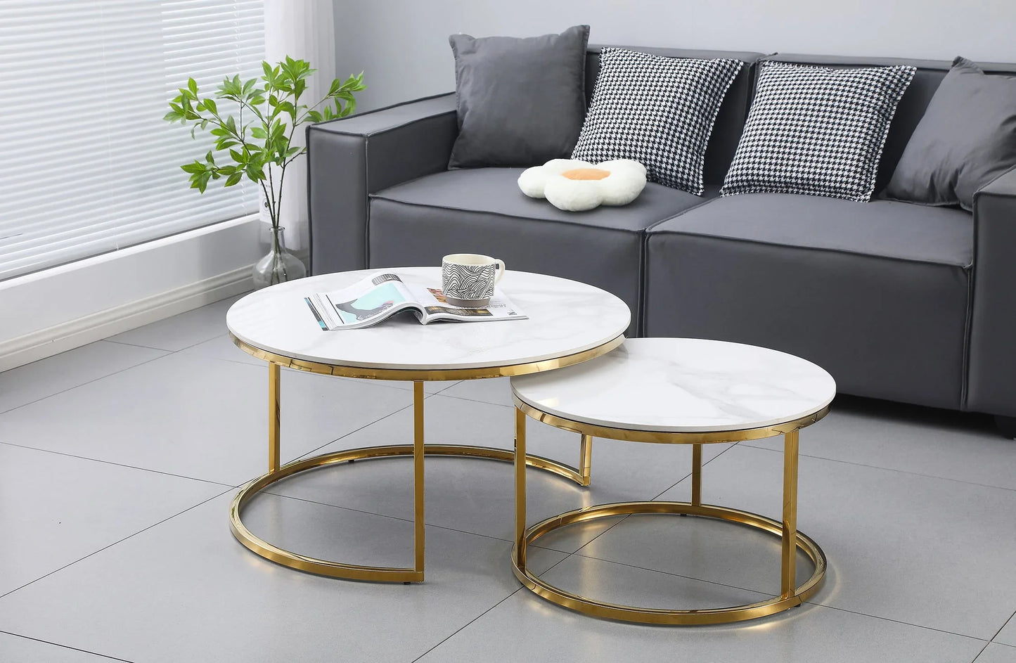 Nesting Style Coffee Table - White on Gold Stainless Steel - 80cm/60cm - Mekamart Australia