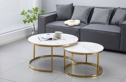 Nesting Style Coffee Table - White on Gold Stainless Steel - 80cm/60cm - Mekamart Australia