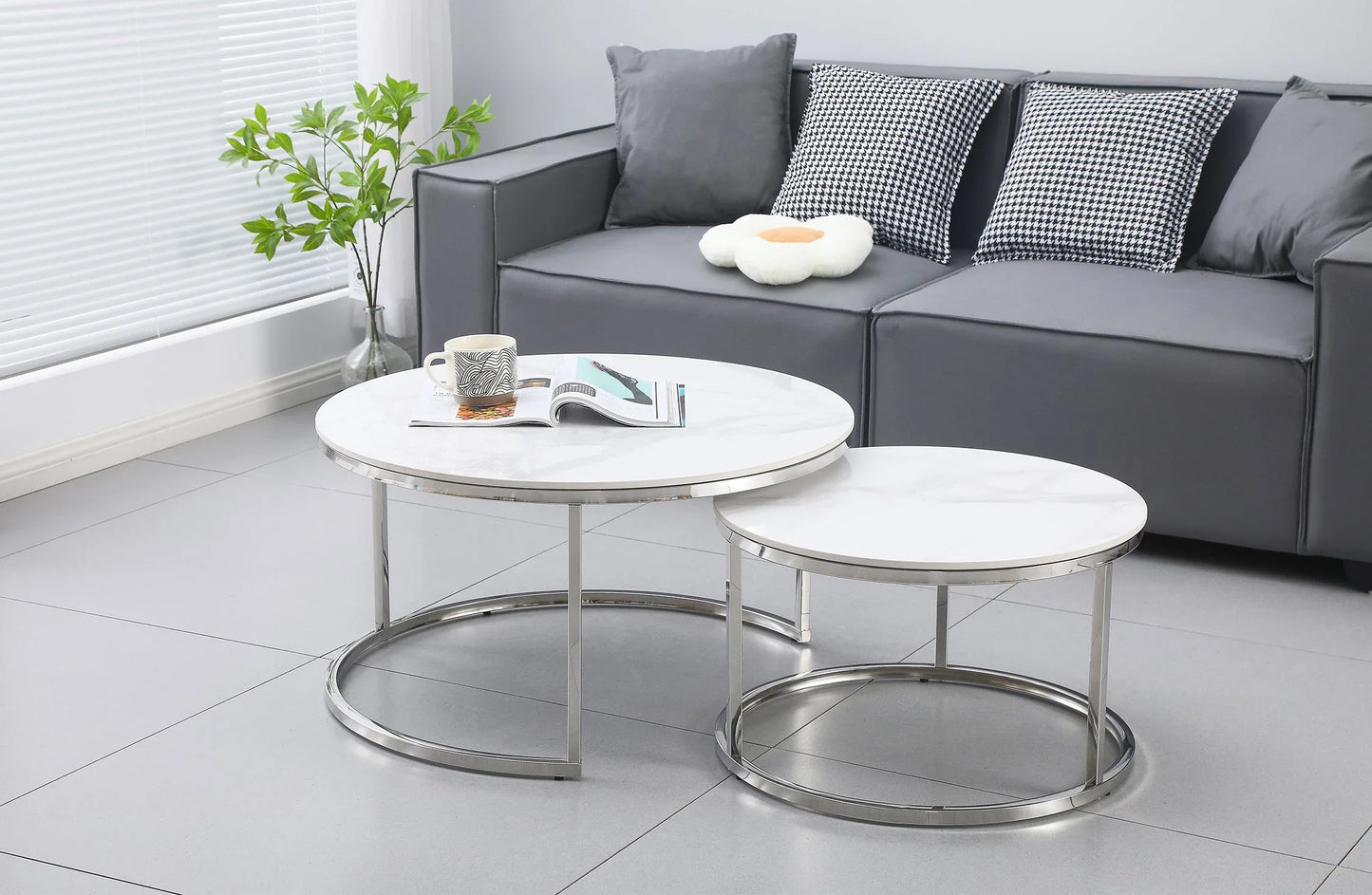 Nesting Style Coffee Table - White on Silver Stainless Steel - 80cm/60cm - Mekamart Australia