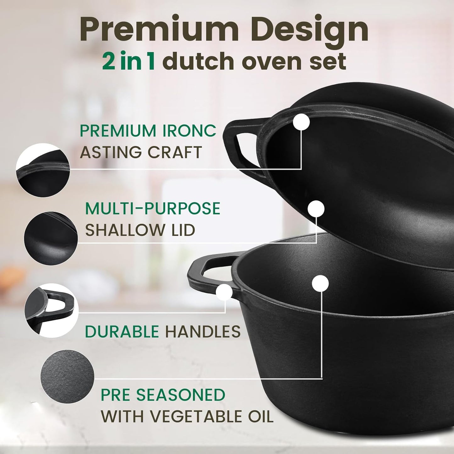 26cm 2-in-1 Cast Iron Dutch Oven & Skillet Set  Pre-Seasoned Dual-Use Pot with Lid Fry Pan, Durable & Versatile Cookware
