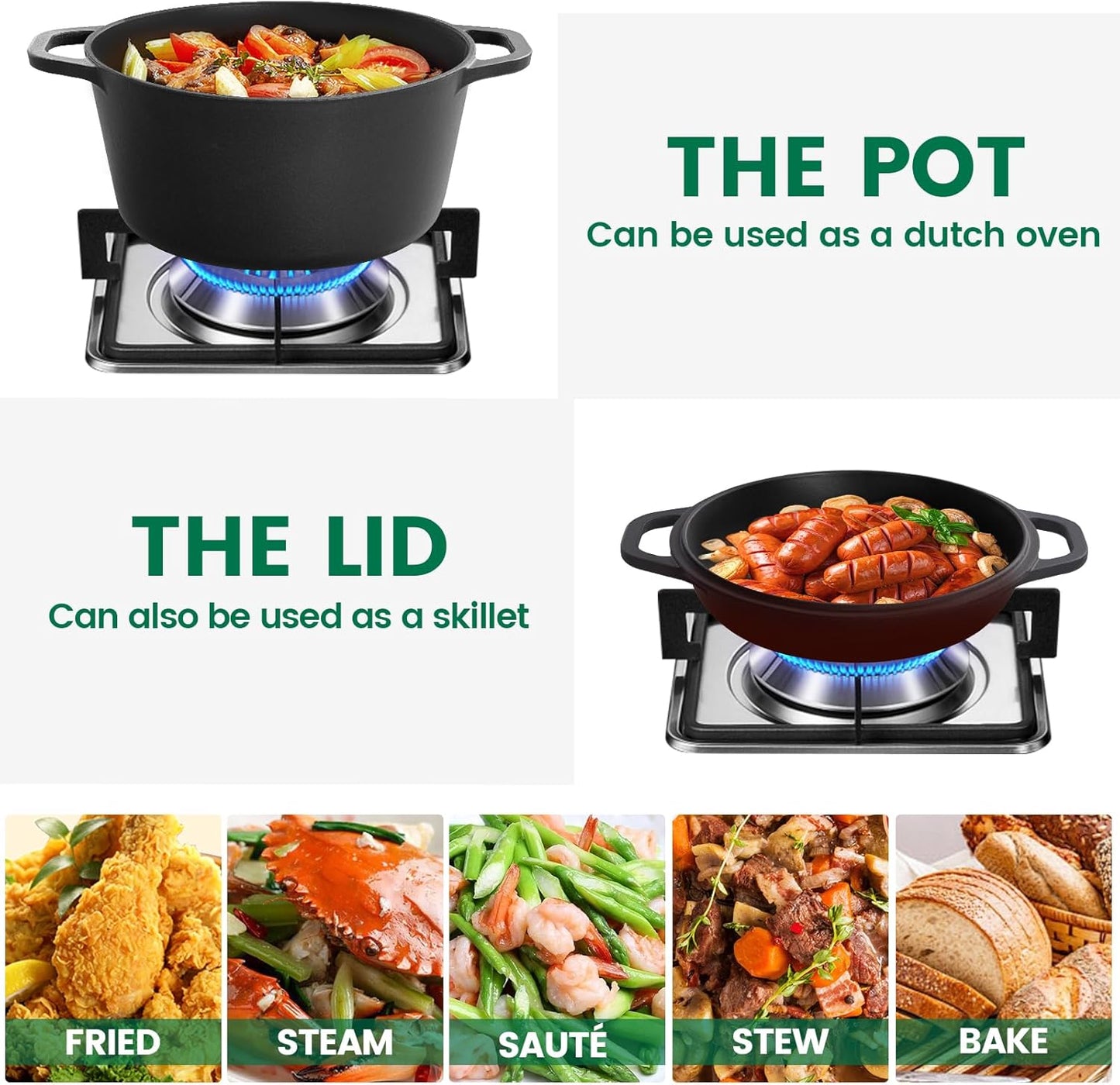 26cm 2-in-1 Cast Iron Dutch Oven & Skillet Set  Pre-Seasoned Dual-Use Pot with Lid Fry Pan, Durable & Versatile Cookware