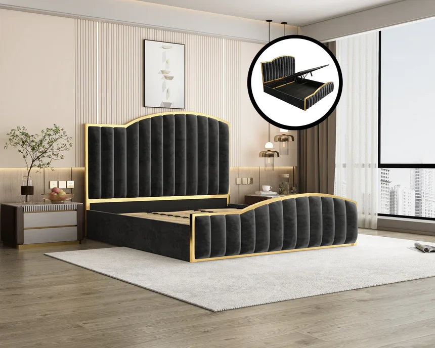 Elegant King Bedframe Charcoal Velvet Fabric with Gas Lift Storage and Golden Trim