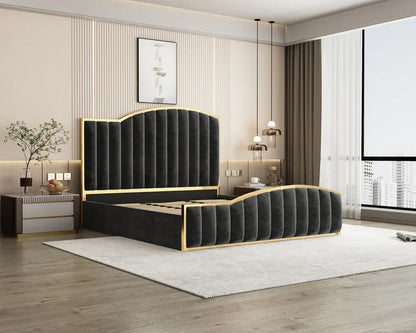 Elegant King Bedframe Charcoal Velvet Fabric with Gas Lift Storage and Golden Trim