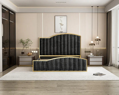 Elegant King Bedframe Charcoal Velvet Fabric with Gas Lift Storage and Golden Trim