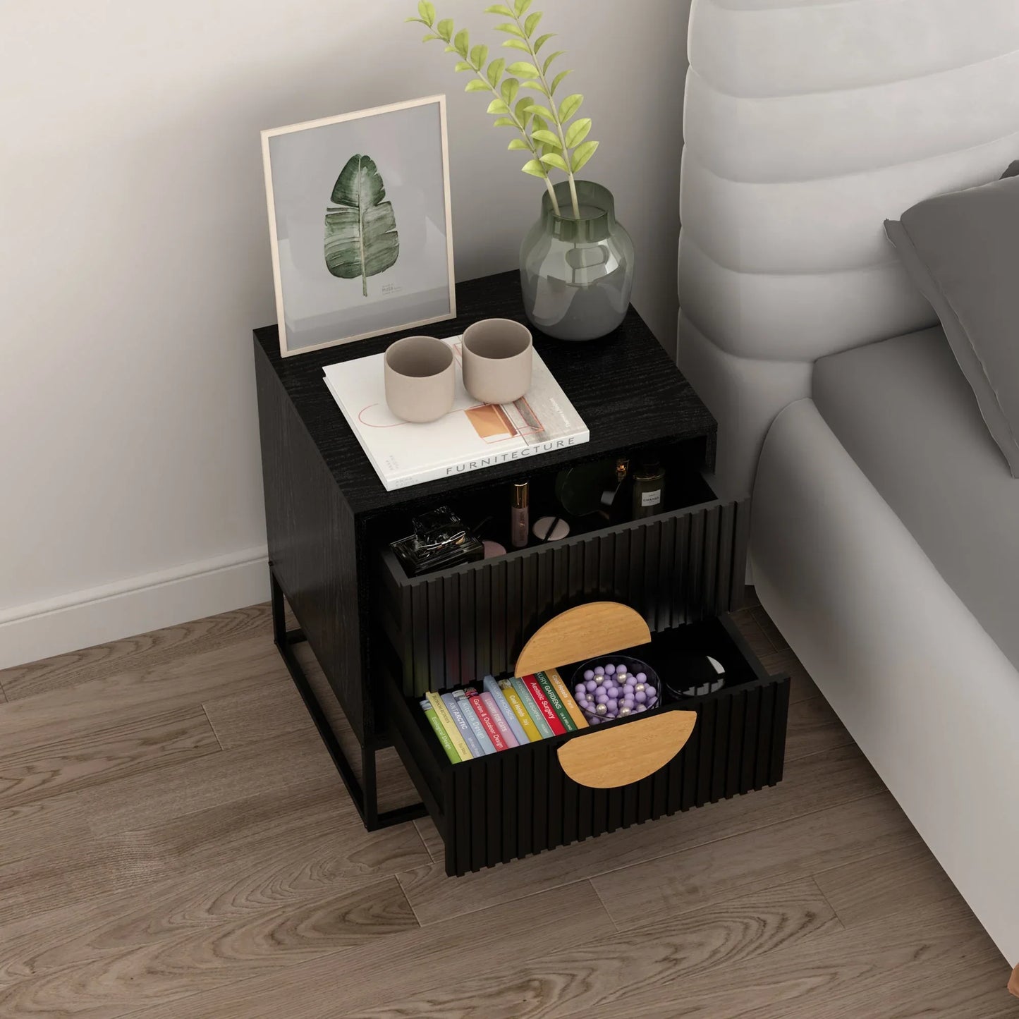 Belmonte Fluted Bedside Table in Black - Mekamart Australia