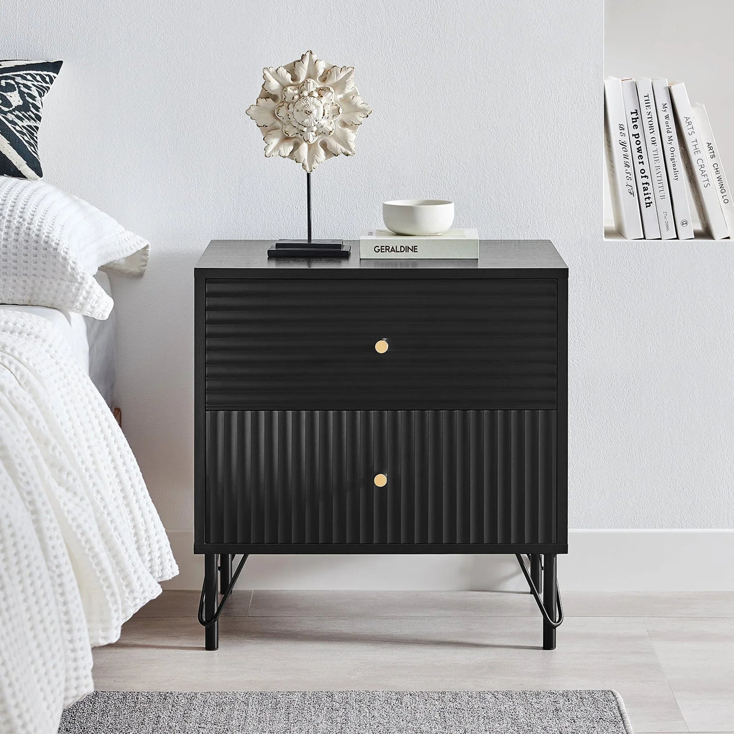 Lisa Wavy Fluted Bedside Table in Black - Mekamart Australia