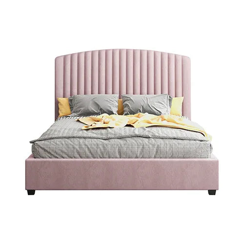 Camelia Double Size Bed Frame Pink Velvet Upholstery High Headboard Quality Slats Metal Structure - Mekamart Australia
