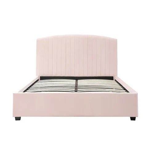 Camelia Double Size Bed Frame Pink Velvet Upholstery High Headboard Quality Slats Metal Structure - Mekamart Australia