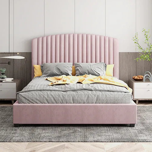 Camelia Queen Size Bed Frame Pink Velvet Upholstery High Headboard Quality Slats Metal Structure - Mekamart Australia