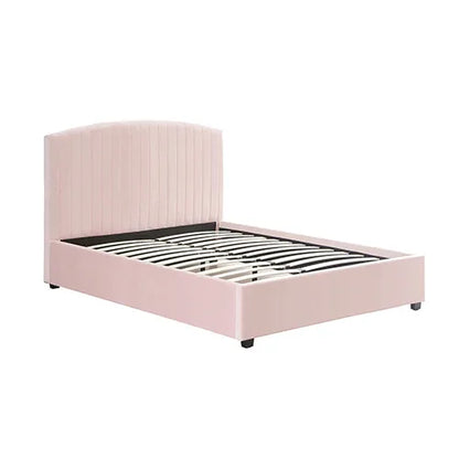 Camelia Queen Size Bed Frame Pink Velvet Upholstery High Headboard Quality Slats Metal Structure - Mekamart Australia