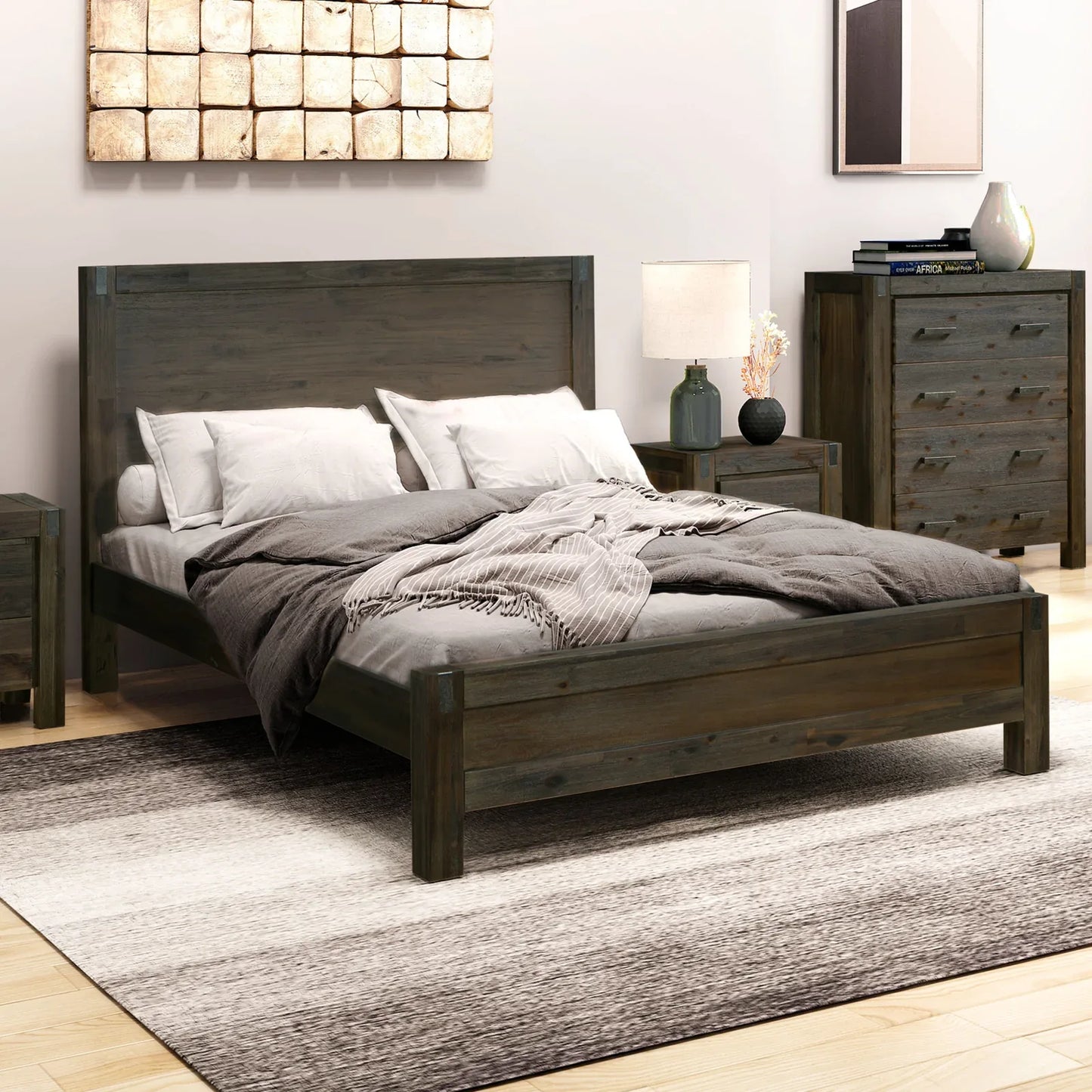 Bed Frame King Size in Solid Wood Veneered Acacia Bedroom Timber Slat in Chocolate - Mekamart Australia