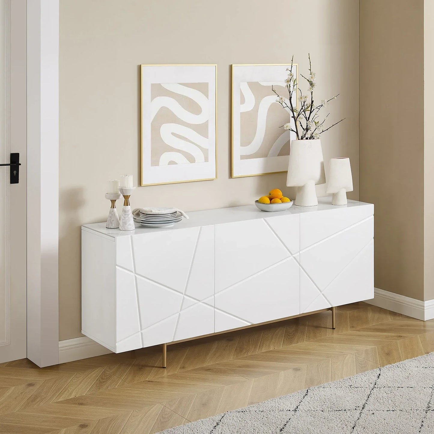 Buffet Sideboard Colour Ceramic Top MDF in Glossy White Gold Colour - Mekamart Australia