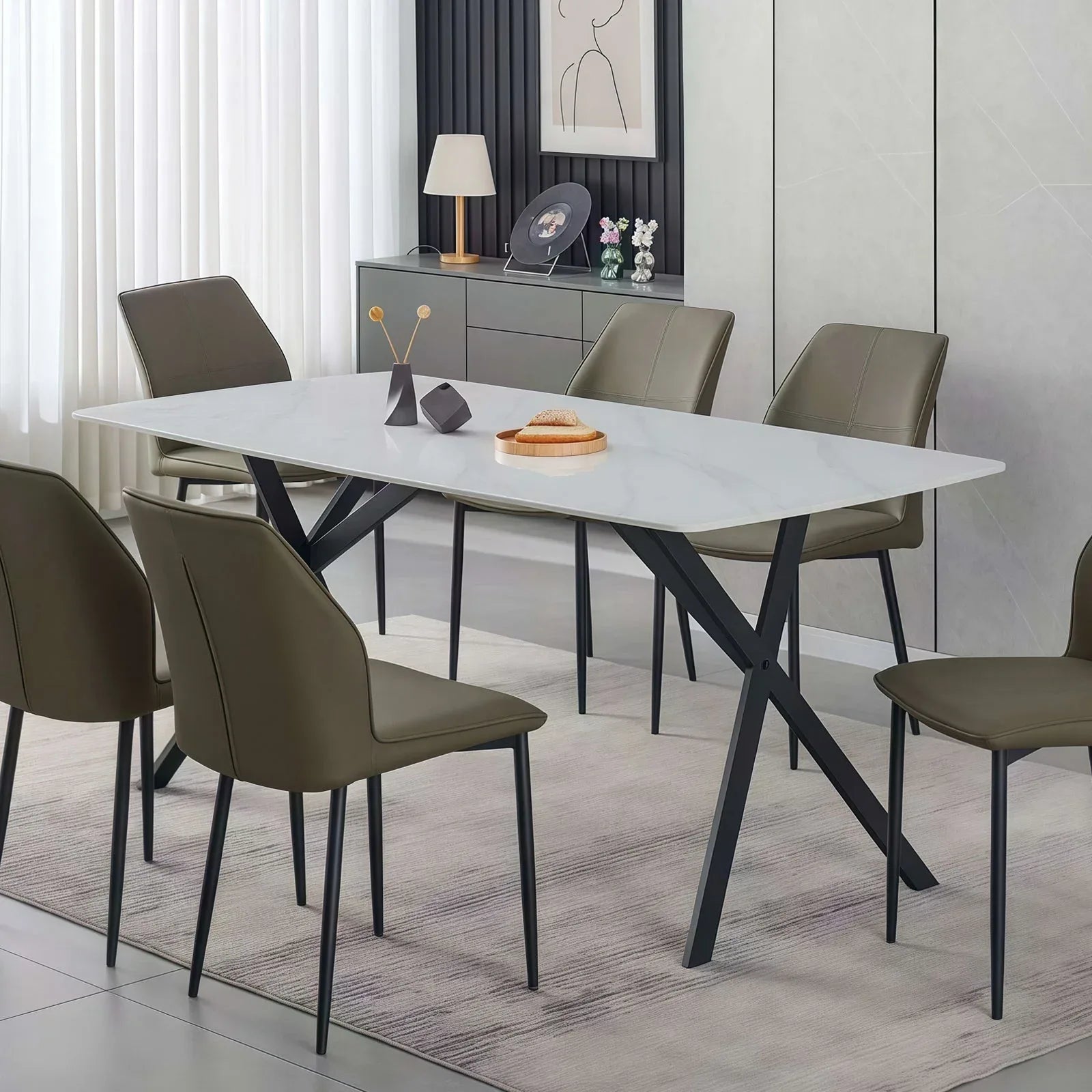 Dining Table Rectangular Shape White Sintered Stone Top Powder Coated Iron Legs - Mekamart Australia