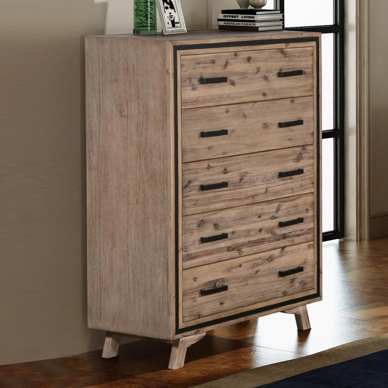 Tallboy with 5 Storage Drawers Solid Acacia Wooden Frame in Silver Brush Colour - Mekamart Australia