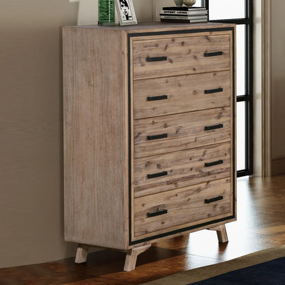 Tallboy with 5 Storage Drawers Solid Acacia Wooden Frame in Silver Brush Colour - Mekamart Australia