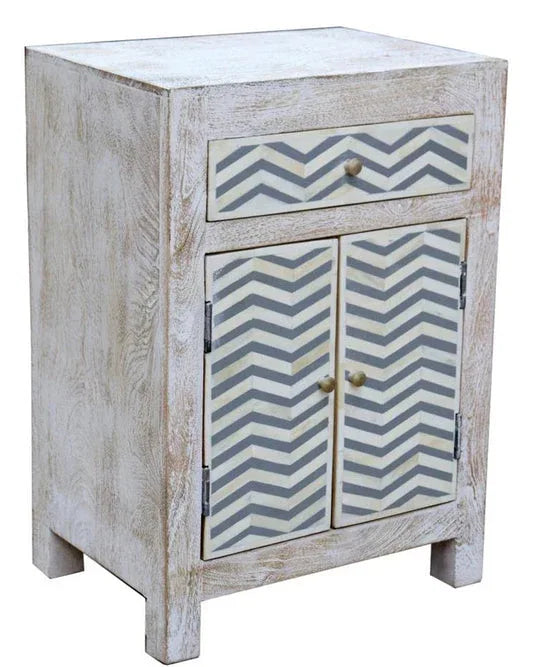 2 drawer whitewashed bedside cabinet with Grey/White bone chevron design - Mekamart Australia