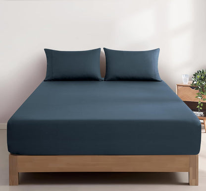 100% Vintage Washed Cotton Fitted Sheet Combo Set – 100% Natural Cotton, Ultra Soft & Breathable – Includes Fitted Sheet & Pillowcases – Machine Washable (Indigo, Single)