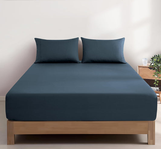 100% Vintage Washed Cotton Fitted Sheet Combo Set – 100% Natural Cotton, Ultra Soft & Breathable – Includes Fitted Sheet & Pillowcases – Machine Washable (Indigo, Single)