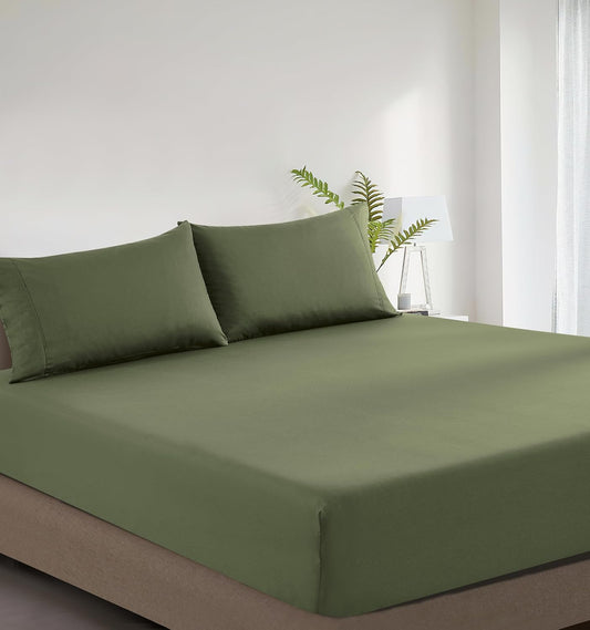 100% Vintage Washed Cotton Fitted Sheet Combo Set – 100% Natural Cotton, Ultra Soft & Breathable – Includes Fitted Sheet & Pillowcases – Machine Washable (Khaki Green, Single)