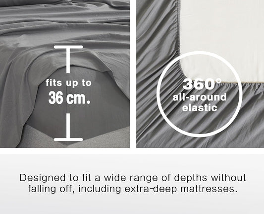 100% Vintage Washed Microfibre Fitted Sheet Set – Ultra Soft & Lightweight All-Season Fitted Sheet with 1 Pillowcase (Grey, Single Size)