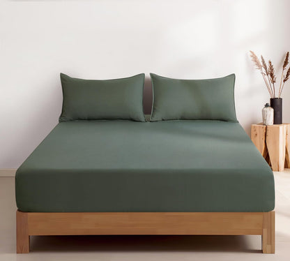 100% Vintage Washed Microfibre Fitted Sheet Set – Ultra Soft & Lightweight All-Season Fitted Sheet with 1 Pillowcase (Khaki Green, Single Size)