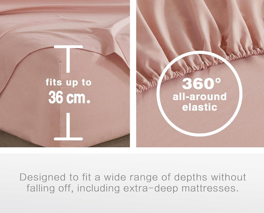 100% Vintage Washed Microfibre Fitted Sheet Set – Ultra Soft & Lightweight All-Season Fitted Sheet with 1 Pillowcase (Pink, Single Size)