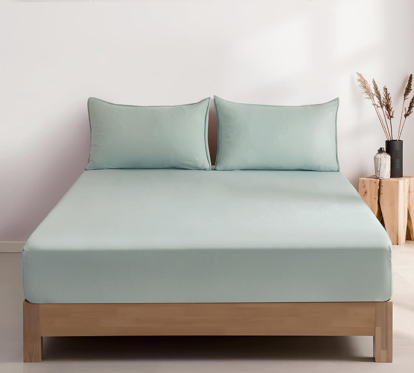 100% Vintage Washed Microfibre Fitted Sheet Set – Ultra Soft & Lightweight All-Season Fitted Sheet with 1 Pillowcase (Sage, Single Size)