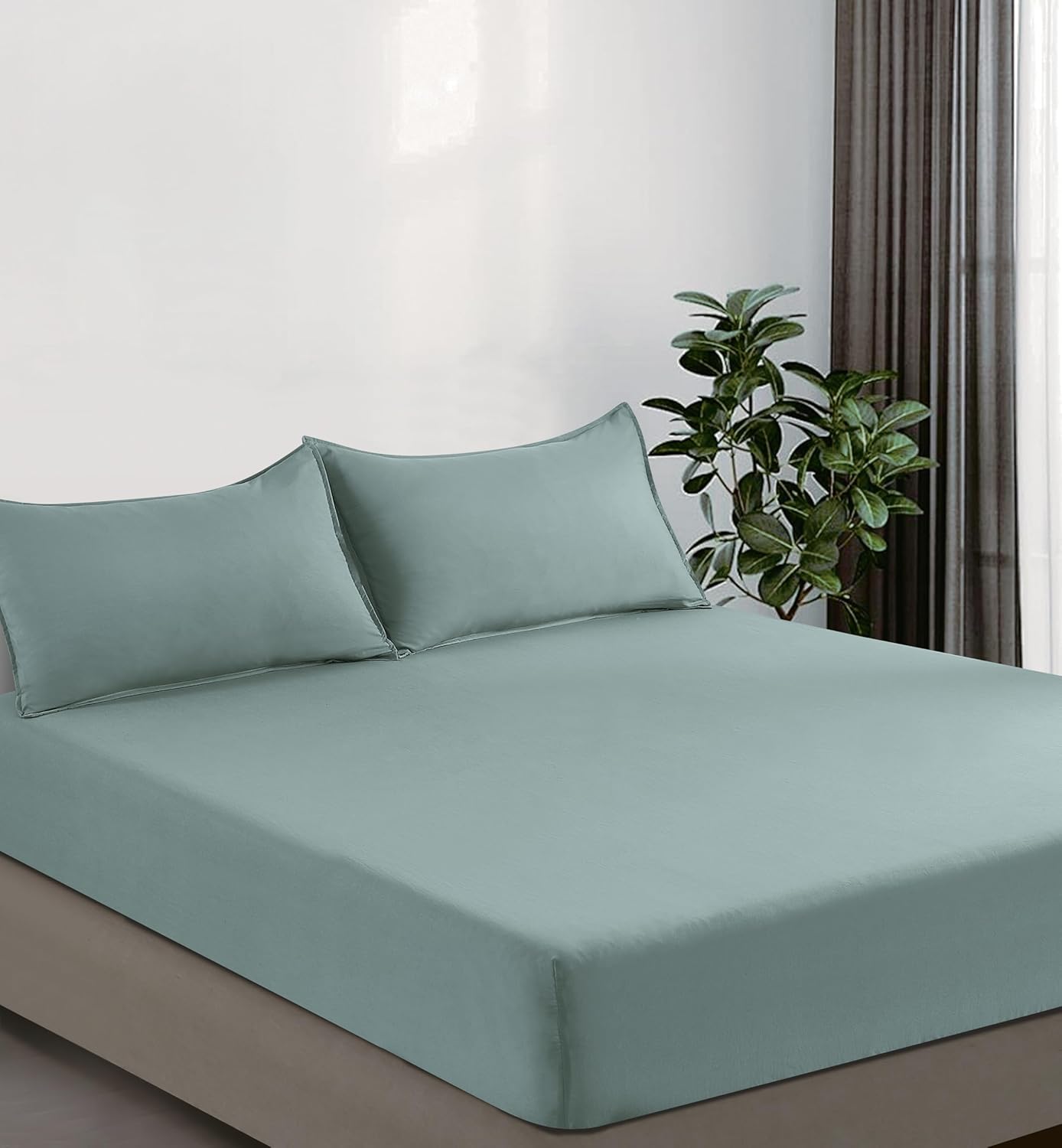 100% Vintage Washed Microfibre Fitted Sheet Set – Ultra Soft & Lightweight All-Season Fitted Sheet with 1 Pillowcase (Seafoam, Single Size)