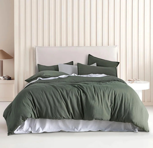 Vintage Washed Microfibre Quilt Cover Set (2Pcs) - Khaki Green - Single Size - Mekamart Australia