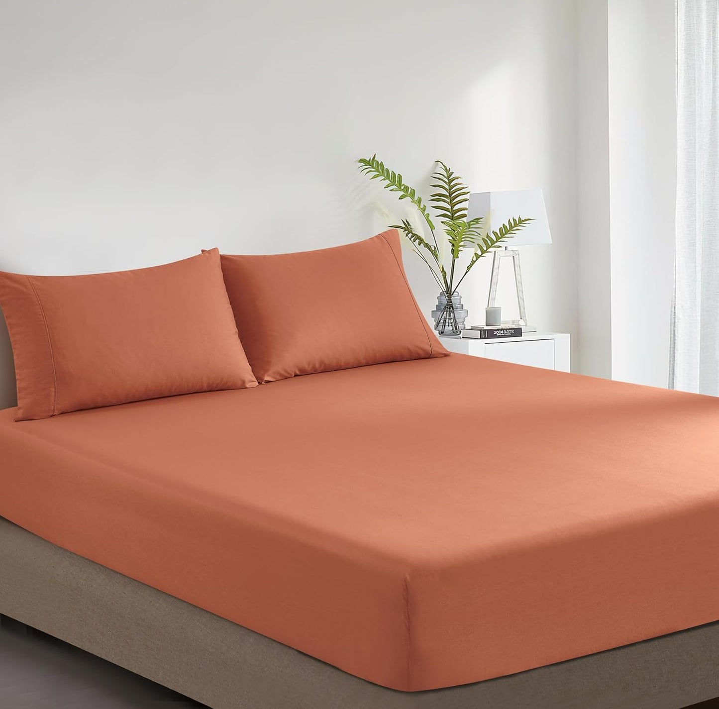 100% Vintage Washed Cotton Fitted Sheet Combo Set – 100% Natural Cotton, Ultra Soft & Breathable – Includes Fitted Sheet & Pillowcases – Machine Washable (Brick, Double)