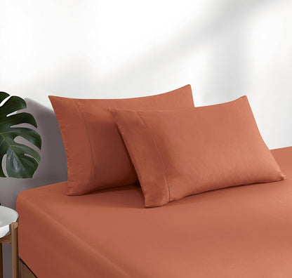 100% Vintage Washed Cotton Fitted Sheet Combo Set – 100% Natural Cotton, Ultra Soft & Breathable – Includes Fitted Sheet & Pillowcases – Machine Washable (Brick, Double)