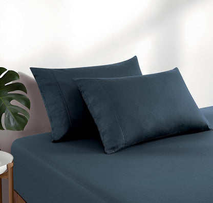 100% Vintage Washed Cotton Fitted Sheet Combo Set – 100% Natural Cotton, Ultra Soft & Breathable – Includes Fitted Sheet & Pillowcases – Machine Washable (Indigo, Double)