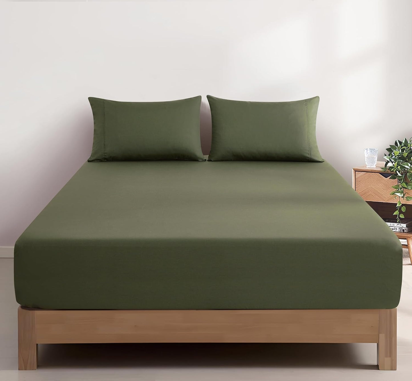 100% Vintage Washed Cotton Fitted Sheet Combo Set – 100% Natural Cotton, Ultra Soft & Breathable – Includes Fitted Sheet & Pillowcases – Machine Washable (Khaki Green, Double)
