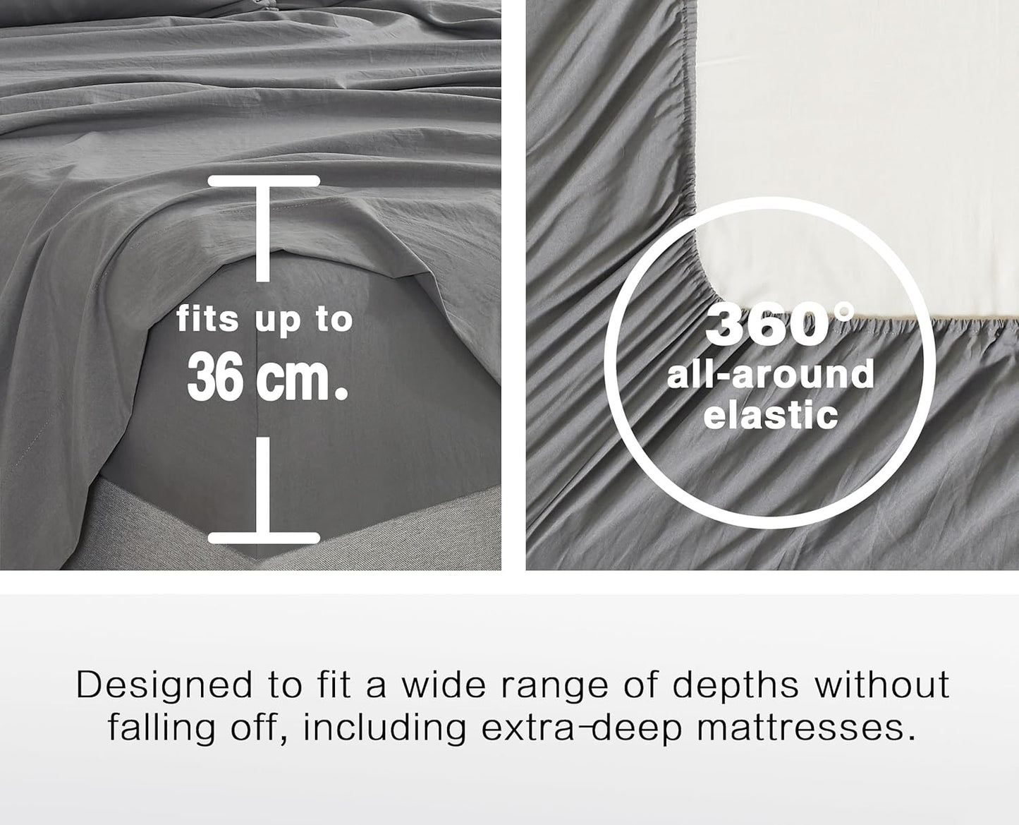 100% Vintage Washed Microfibre Fitted Sheet Set – Ultra Soft & Lightweight All-Season Fitted Sheet with 2 Pillowcases (Grey, Double Size)